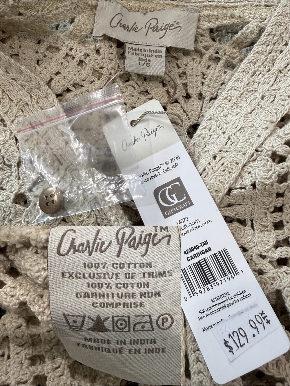 Charlie Paige Ivory Crochet Cardigan Lace Boho NWT Large - Picture 6 of 6